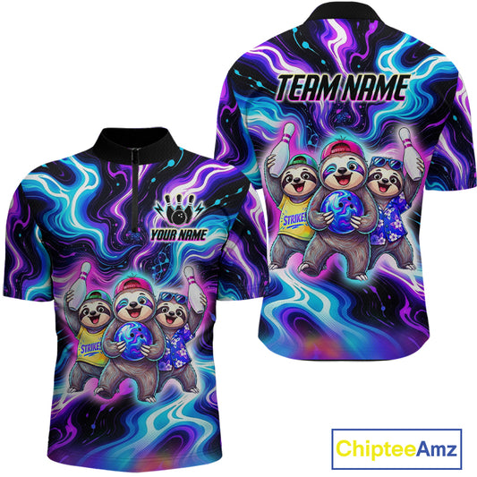 Custom Funny Sloth Bowling Jersey for Men Purple Blue Neon Bowling Team Shirts Bowling League HNT307