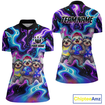 Custom Funny Sloth Bowling Jersey for Women Purple Blue Neon Bowling Team Shirts Bowling League HNT307