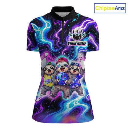 Custom Funny Sloth Bowling Jersey for Women Purple Blue Neon Bowling Team Shirts Bowling League HNT307