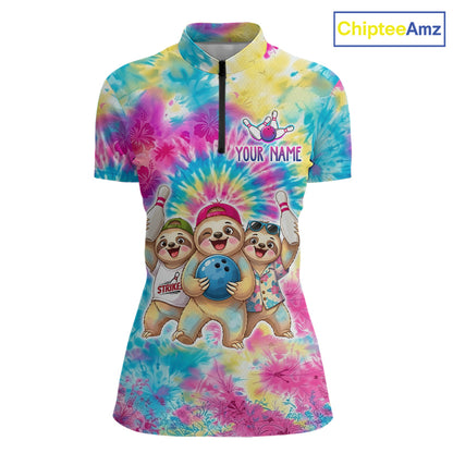 Custom Funny Sloth Bowling Jersey for Women Tropical Tie-Dye Bowling Team Shirts Bowling League HNT306