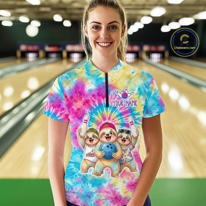 Custom Funny Sloth Bowling Jersey for Women Tropical Tie-Dye Bowling Team Shirts Bowling League HNT306