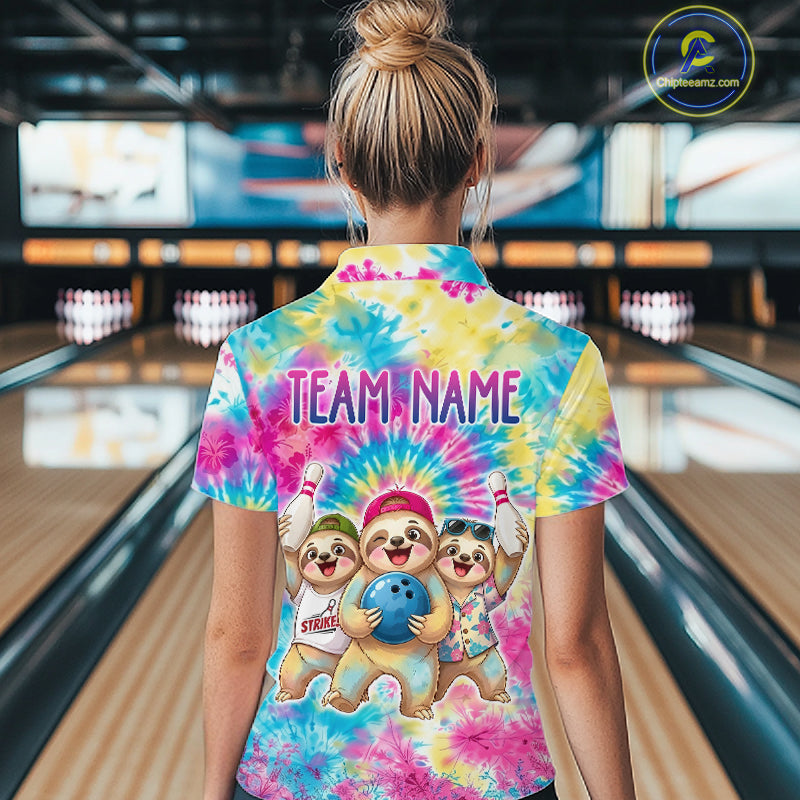 Custom Funny Sloth Bowling Jersey for Women Tropical Tie-Dye Bowling Team Shirts Bowling League HNT306