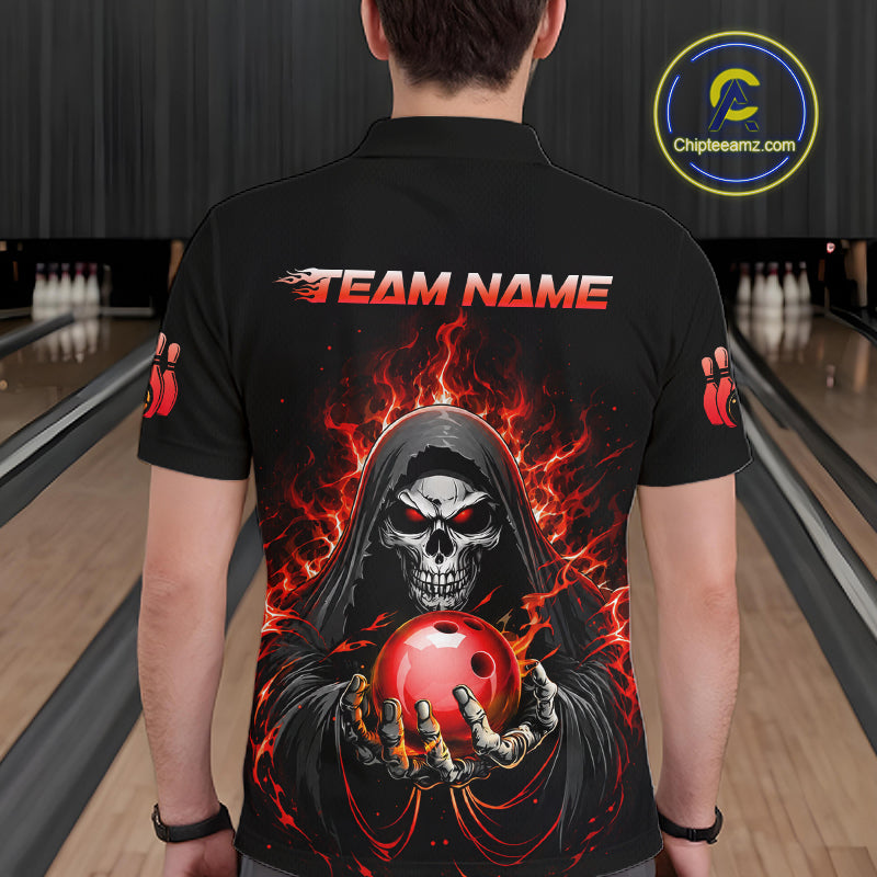 Custom Red Flame Grim Reaper Bowling Jersey for Men Bowling Team Shirts Polo & 1/4 Zip HNT479