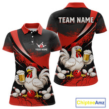 Load image into Gallery viewer, Front and back views of a red and black bowling polo featuring a chicken holding a beer mug, red bowling ball, scattered pins, and custom team text.