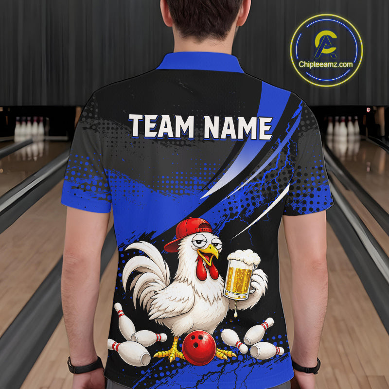 Man wearing a blue and black bowling polo featuring a chicken holding a beer mug, red bowling ball, scattered pins, and custom team text.