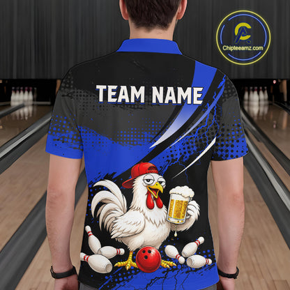 Man wearing a blue and black bowling polo featuring a chicken holding a beer mug, red bowling ball, scattered pins, and custom team text.