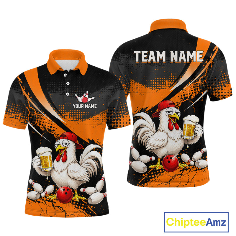 Front and back views of a orange and black bowling polo featuring a chicken holding a beer mug, red bowling ball, scattered pins, and custom team text.