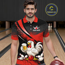 Load image into Gallery viewer, Man wearing a red and black bowling polo featuring a chicken holding a beer mug, red bowling ball, scattered pins, and custom your name text.