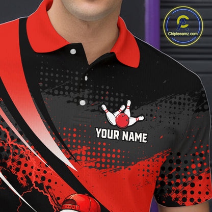 Black and red sports jersey with a bowling design and customizable text on a dark background.