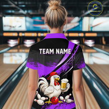 Load image into Gallery viewer, Woman wearing a purple and black bowling quarter zip featuring a chicken holding a beer mug, red bowling ball, scattered pins, and custom team name text.