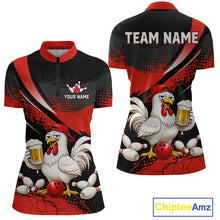 Load image into Gallery viewer, Front and back views of a red and black bowling quarter zip featuring a chicken holding a beer mug, red bowling ball, scattered pins, and custom team text.