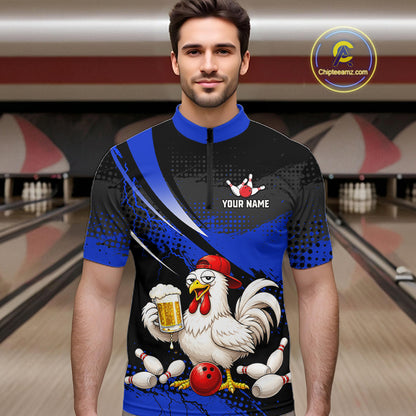 Man wearing a blue and black bowling quarter zip featuring a chicken holding a beer mug, red bowling ball, scattered pins, and custom your name text.