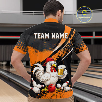 Man wearing a orange and black bowling quarter zip featuring a chicken holding a beer mug, red bowling ball, scattered pins, and custom team name text.