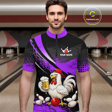 Load image into Gallery viewer, Man wearing a purple and black bowling quarter zip featuring a chicken holding a beer mug, red bowling ball, scattered pins, and custom your name text.