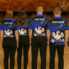 Load image into Gallery viewer, Four people wearing blue and black bowling polo featuring a chicken holding a beer mug, red bowling ball, scattered pins, and custom team name text.