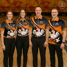 Load image into Gallery viewer, Four people wearing orange and black bowling polo featuring a chicken holding a beer mug, red bowling ball, scattered pins, and custom your name text.