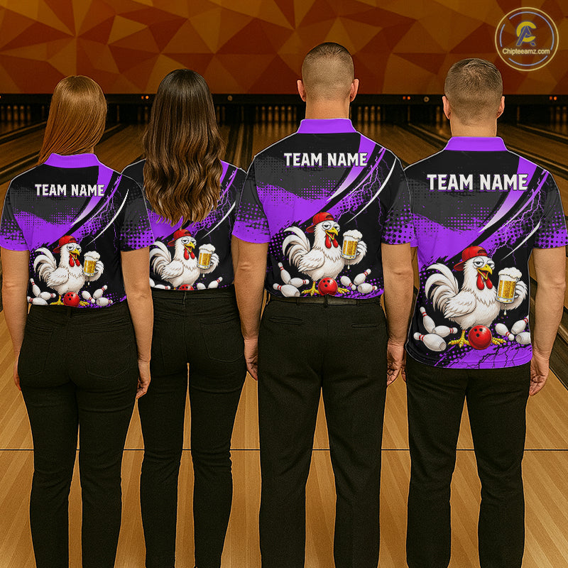 Four people wearing purple and black bowling polo featuring a chicken holding a beer mug, red bowling ball, scattered pins, and custom team name text.