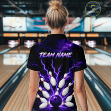 Load image into Gallery viewer, Women wearing personalized bowling quarter zip with purple lightning framing a bowling ball and pins beneath team and player names