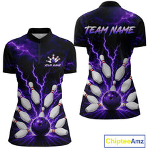 Load image into Gallery viewer, Front and back personalized bowling quarter zip with purple lightning framing a bowling ball and pins beneath team and player names