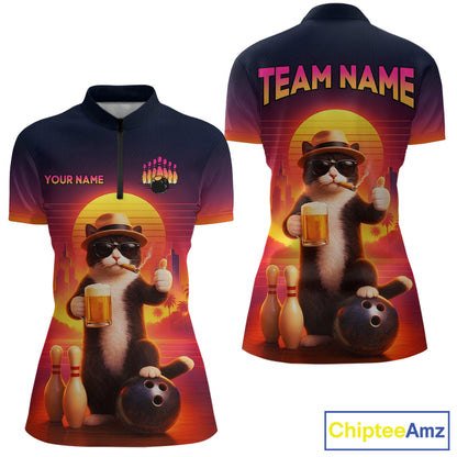 Custom Beer Cat Retro Bowling Shirt for Women Cat Funny Beer Bowling Team Jersey Polo &1/4 Zip HNT275