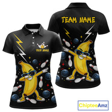 Load image into Gallery viewer, Polo shirt with a banana character and bowling elements on a black background, featuring 'Chiptee Amz' branding.