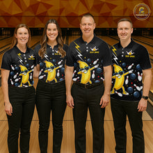 Load image into Gallery viewer, Four people wearing matching bowling polo with a banana character design on a bowling alley.
