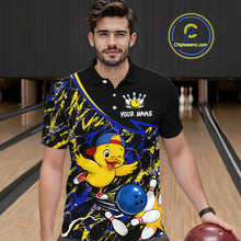 Load image into Gallery viewer, Man wearing a colorful bowling-themed shirt with a duck design in a bowling alley.
