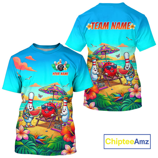Colorful t-shirt with a beach-themed design featuring characters and 'Team Name' text, branded with ChipteeAmz.