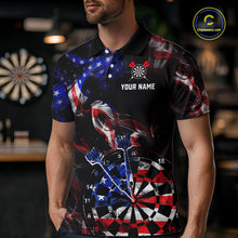 Load image into Gallery viewer, Man wearing a black darts polo featuring patriotic American flag smoke graphics, dartboards, blue darts, and custom team and player name text.