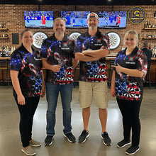 Load image into Gallery viewer, Four people wearing black darts polo featuring patriotic American flag smoke graphics, dartboards, blue darts, and custom team and player name text.