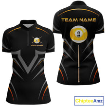 Load image into Gallery viewer, Custom Black and Gold 9 Ball Pool Billiard Shirt for Women Polo &amp; 1/4 Zip Billiard Team Jerseys NNT158