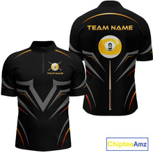 Load image into Gallery viewer, Custom Black and Gold 9 Ball Pool Billiard Shirt for Men Polo &amp; 1/4 Zip Billiard Team Jerseys NNT158