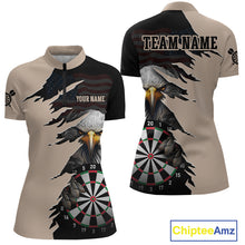 Load image into Gallery viewer, Front and back views of a beige and black darts quarter zip featuring a bald eagle, torn-flag graphics, dartboard designs, and custom team text.