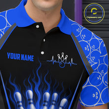 Load image into Gallery viewer, Black and blue bowling-themed polo shirt with personalized name option.