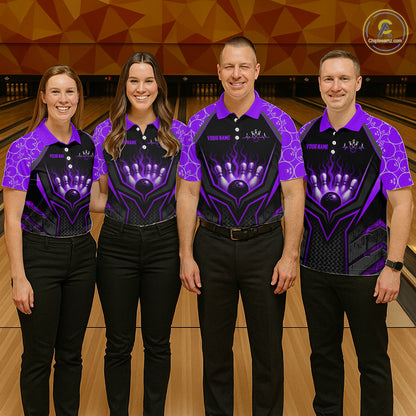 Four people wearing matching purple and black bowling shirts on a bowling alley.