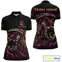 Load image into Gallery viewer, Black polo shirt with colorful grim reaper design on front and back, featuring 'Team Name' text.