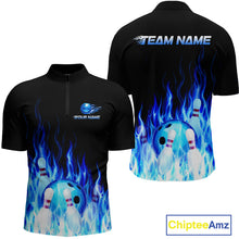 Load image into Gallery viewer, Black polo shirt with blue flame design and bowling elements, featuring 'Your Name' and 'Chiptee Amz' branding.