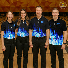 Load image into Gallery viewer, Four people wearing matching bowling shirts with a flame design on a bowling alley.