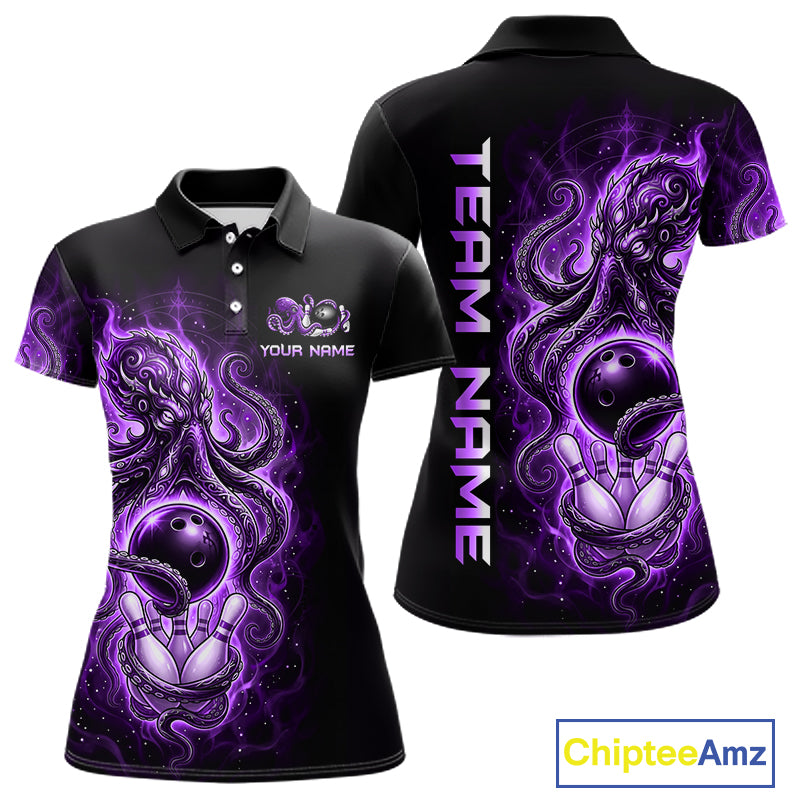 Custom Purple Flame Octopus Bowling Jersey for Women Bowling Team Shirts Polo & 1/4 Zip HNT506