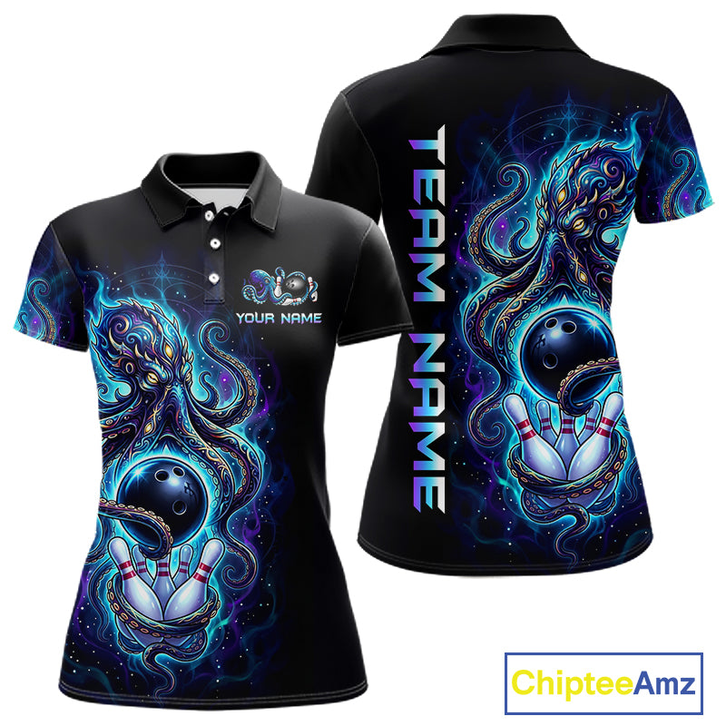 Custom Turquoise Flame Octopus Bowling Jersey for Women Bowling Team Shirts Polo & 1/4 Zip HNT506