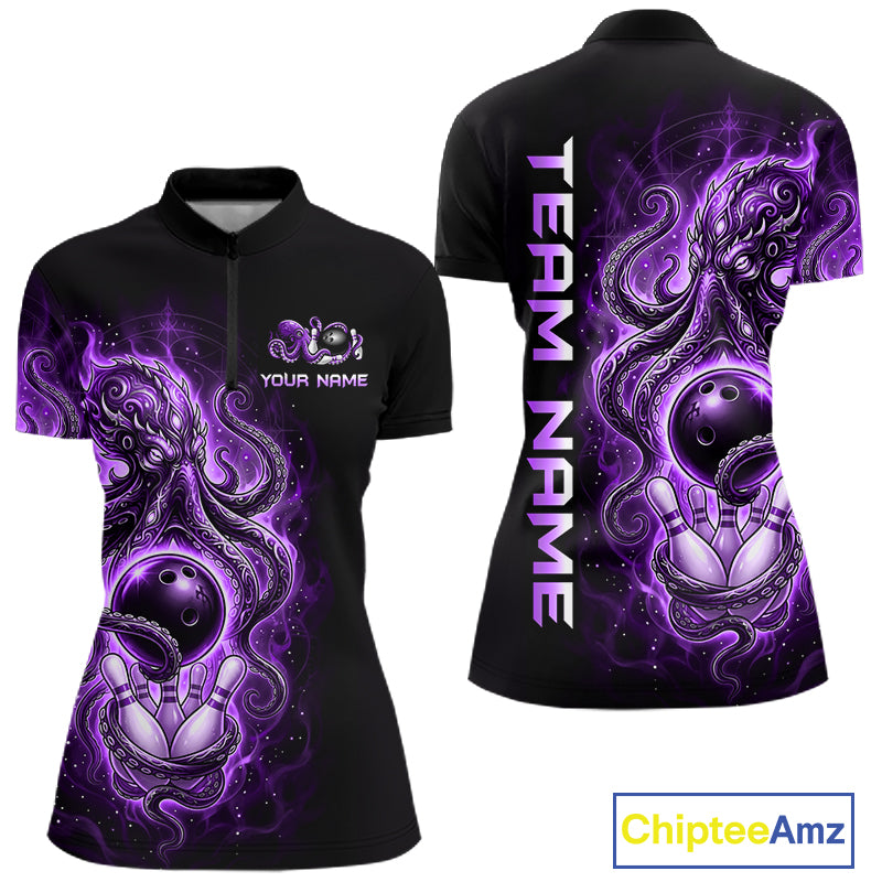 Custom Purple Flame Octopus Bowling Jersey for Women Bowling Team Shirts Polo & 1/4 Zip HNT506