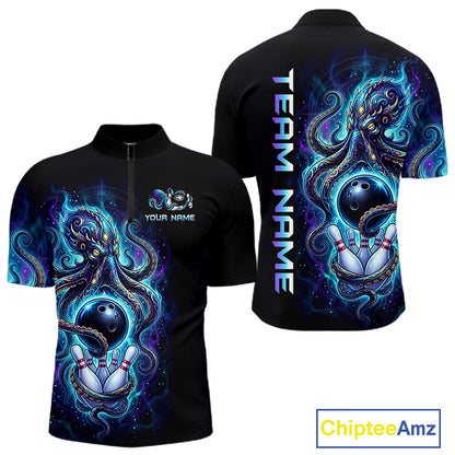 Custom Turquoise Flame Octopus Bowling Jersey for Men Bowling Team Shirts Polo & 1/4 Zip HNT506