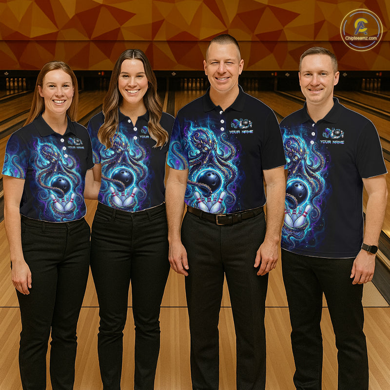 Custom Turquoise Flame Octopus Bowling Jersey for Women Bowling Team Shirts Polo & 1/4 Zip HNT506