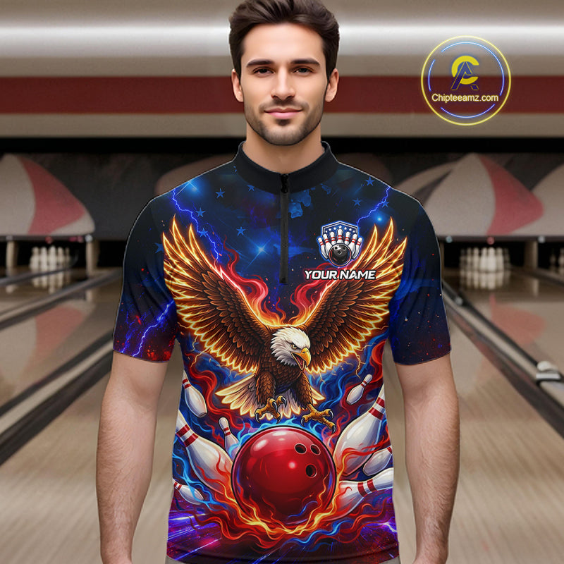 Custom Red Flame Eagle Bowling Jersey for Men Bowling Team Shirts Polo & 1/4 Zip HNT511