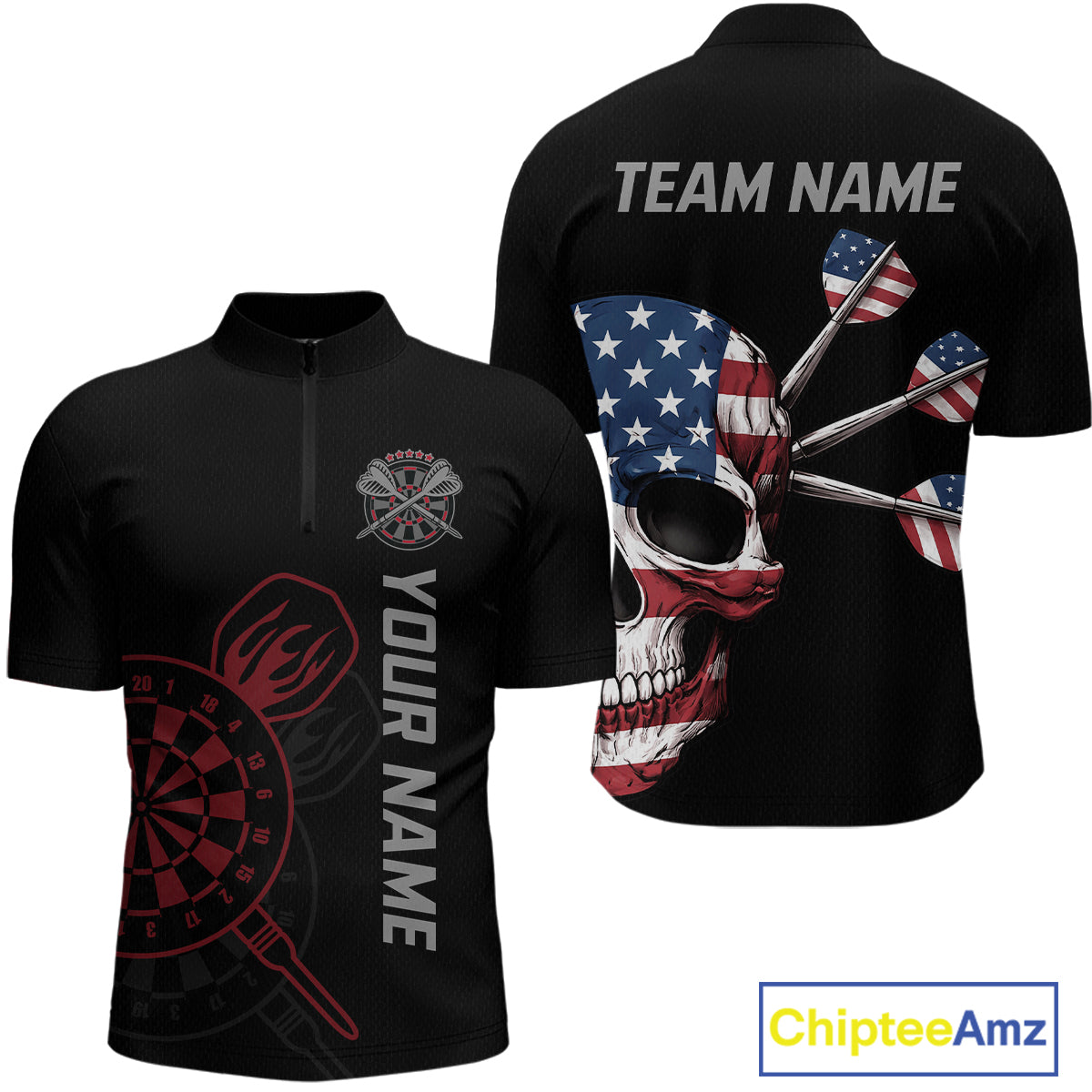 Custom Skull US Flag Dart Shirts For Men Dart Board Shirts Polo & 1/4 Zip Dart Jersey Team NNT127