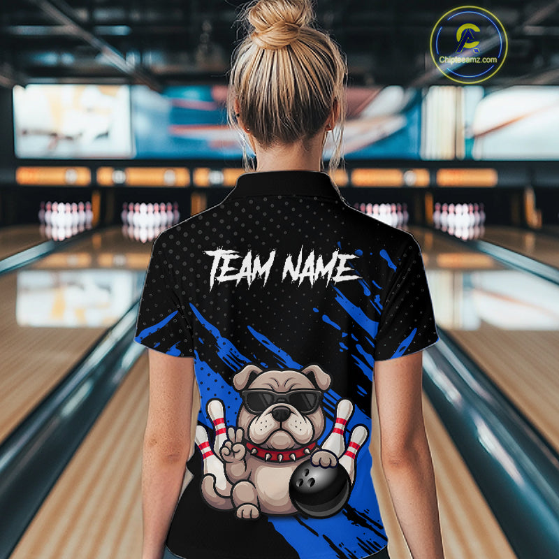 Women’s blue Bulldog bowling polo shirt, back view on female model in bowling lane 