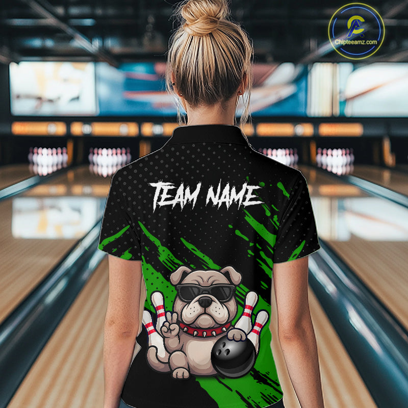 Women’s green Bulldog bowling polo shirt, back view on female model in bowling lane 