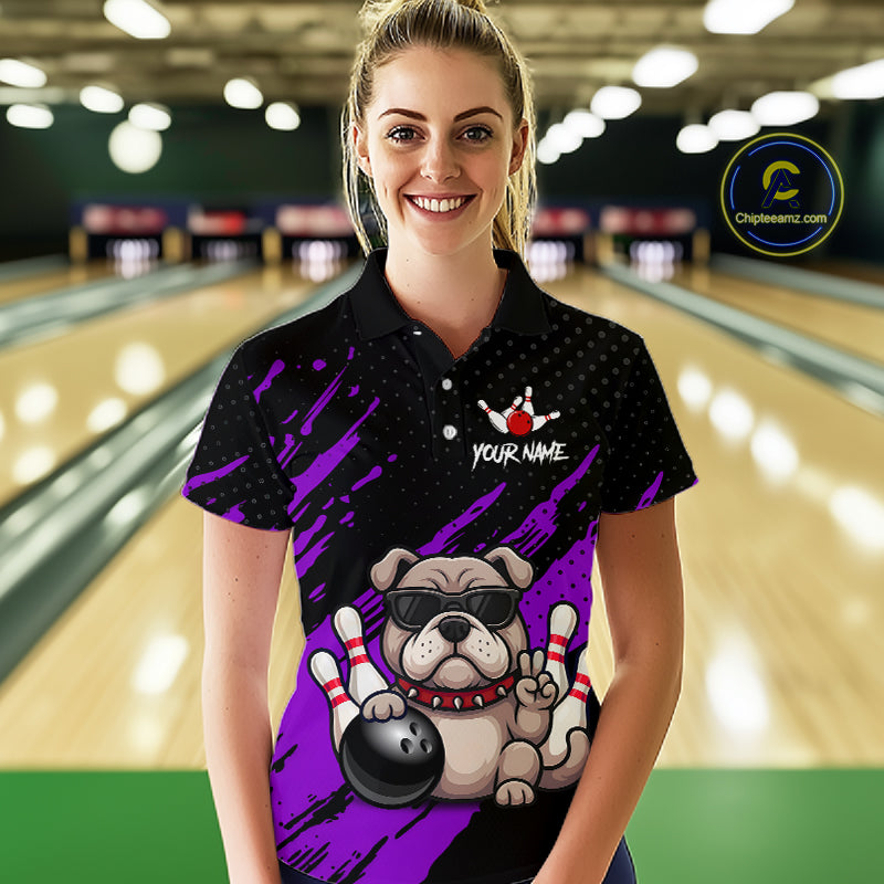 Women’s purple Bulldog bowling polo shirt, front view on female model in bowling lane 