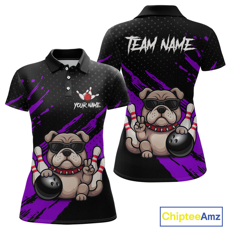 Custom purple funny bulldog bowling jersey for women, personalized team bowling polo shirt front view and back view.