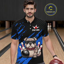 Load image into Gallery viewer, Men’s blue Bulldog bowling polo shirt, front view on male model in bowling lane 